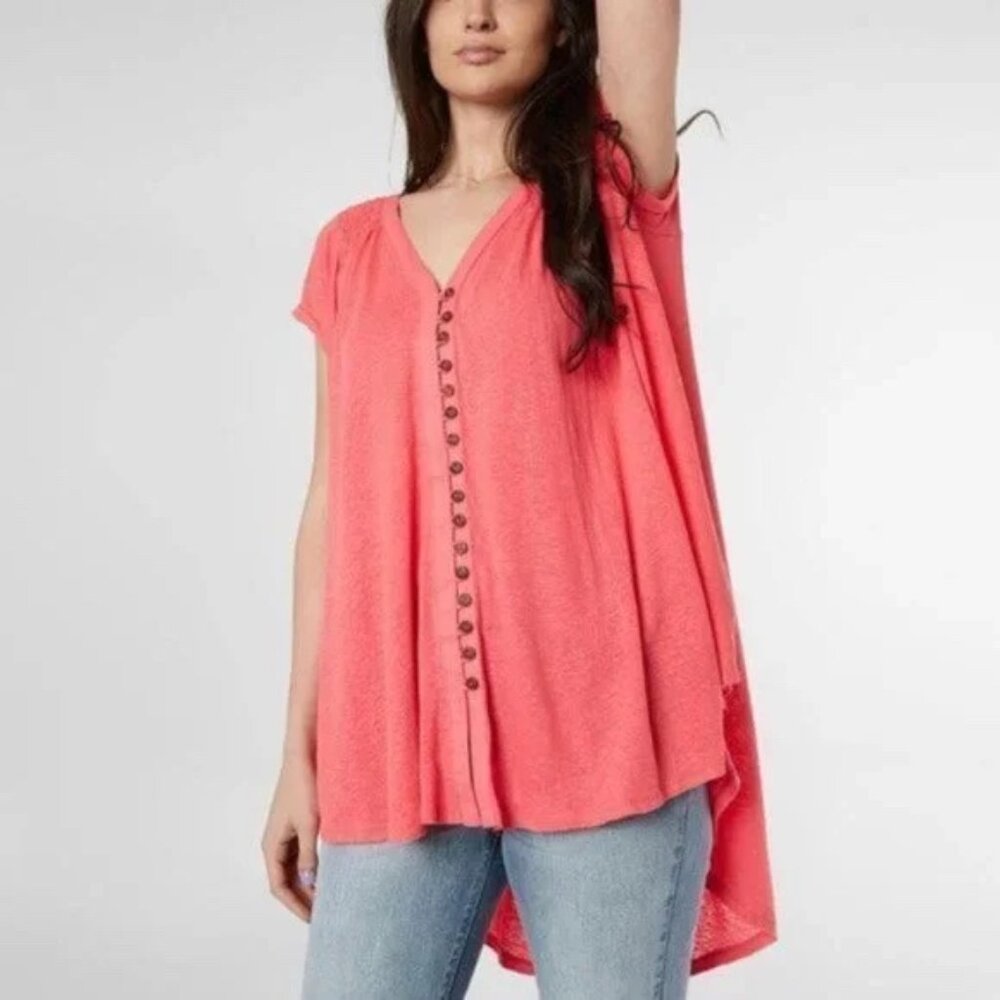 Free People Highland Button Blouse Tunic Top Hi-Lo Hem Linen Size Small S EUC